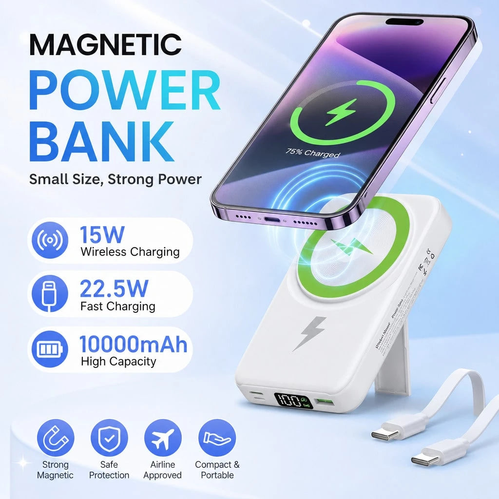 White 10000mAh Wireless Portable Charger With Magnetic Alignment And 22.5W Fast Charge, Featuring An LED Charge Indicator, Compact White Case And Rear Support For Desk Viewing, Compatible With IPhone
