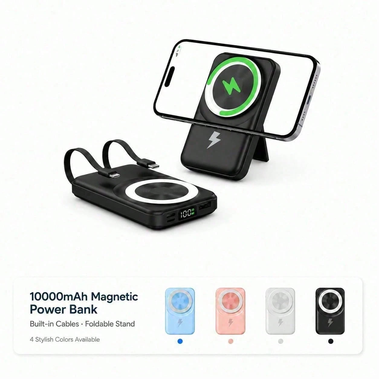 White 10000mAh Wireless Portable Charger With Magnetic Alignment And 22.5W Fast Charge, Featuring An LED Charge Indicator, Compact White Case And Rear Support For Desk Viewing, Compatible With IPhone