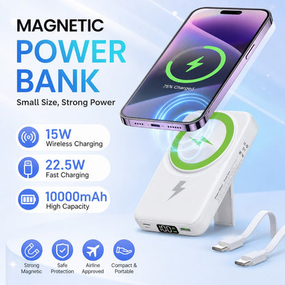 White 10000mAh Wireless Portable Charger With Magnetic Alignment And 22.5W Fast Charge, Featuring An LED Charge Indicator, Compact White Case And Rear Support For Desk Viewing, Compatible With IPhone