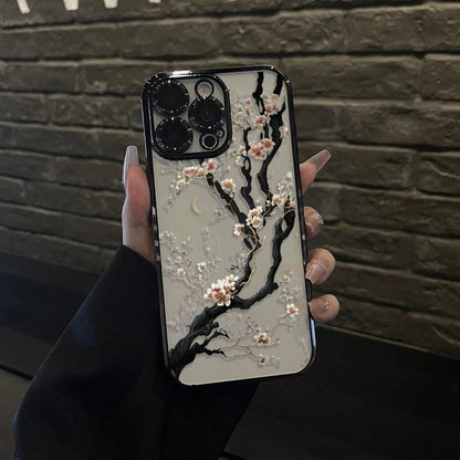White Cherry Blossom Tree Blooming Pattern Electroplated Mobile Case Camera Lens Protection Wildflower Cases For Iphone 16 15 Pro Max Case 14 13 12 11 XR XS Plus Shockproof And Non-Slip Silicone Trans