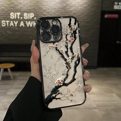 White Cherry Blossom Tree Blooming Pattern Electroplated Mobile Case Camera Lens Protection Wildflower Cases For Iphone 16 15 Pro Max Case 14 13 12 11 XR XS Plus Shockproof And Non-Slip Silicone Trans