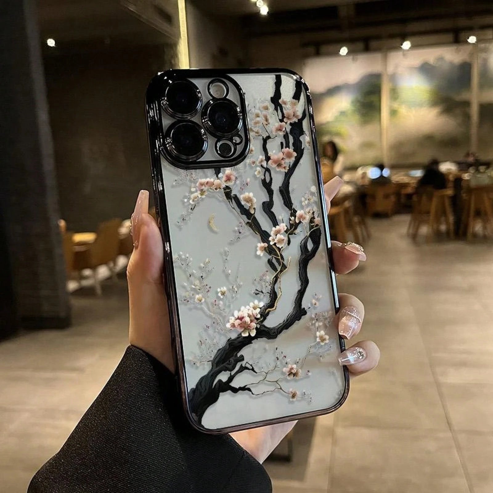 White Cherry Blossom Tree Blooming Pattern Electroplated Mobile Case Camera Lens Protection Wildflower Cases For Iphone 16 15 Pro Max Case 14 13 12 11 XR XS Plus Shockproof And Non-Slip Silicone Trans