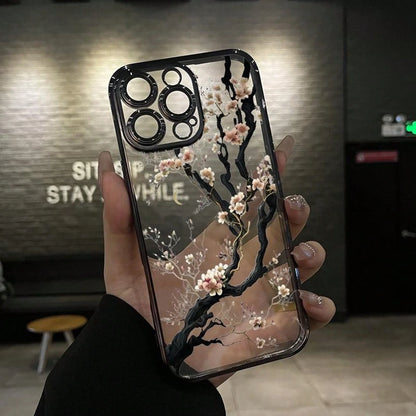 White Cherry Blossom Tree Blooming Pattern Electroplated Mobile Case Camera Lens Protection Wildflower Cases For Iphone 16 15 Pro Max Case 14 13 12 11 XR XS Plus Shockproof And Non-Slip Silicone Trans