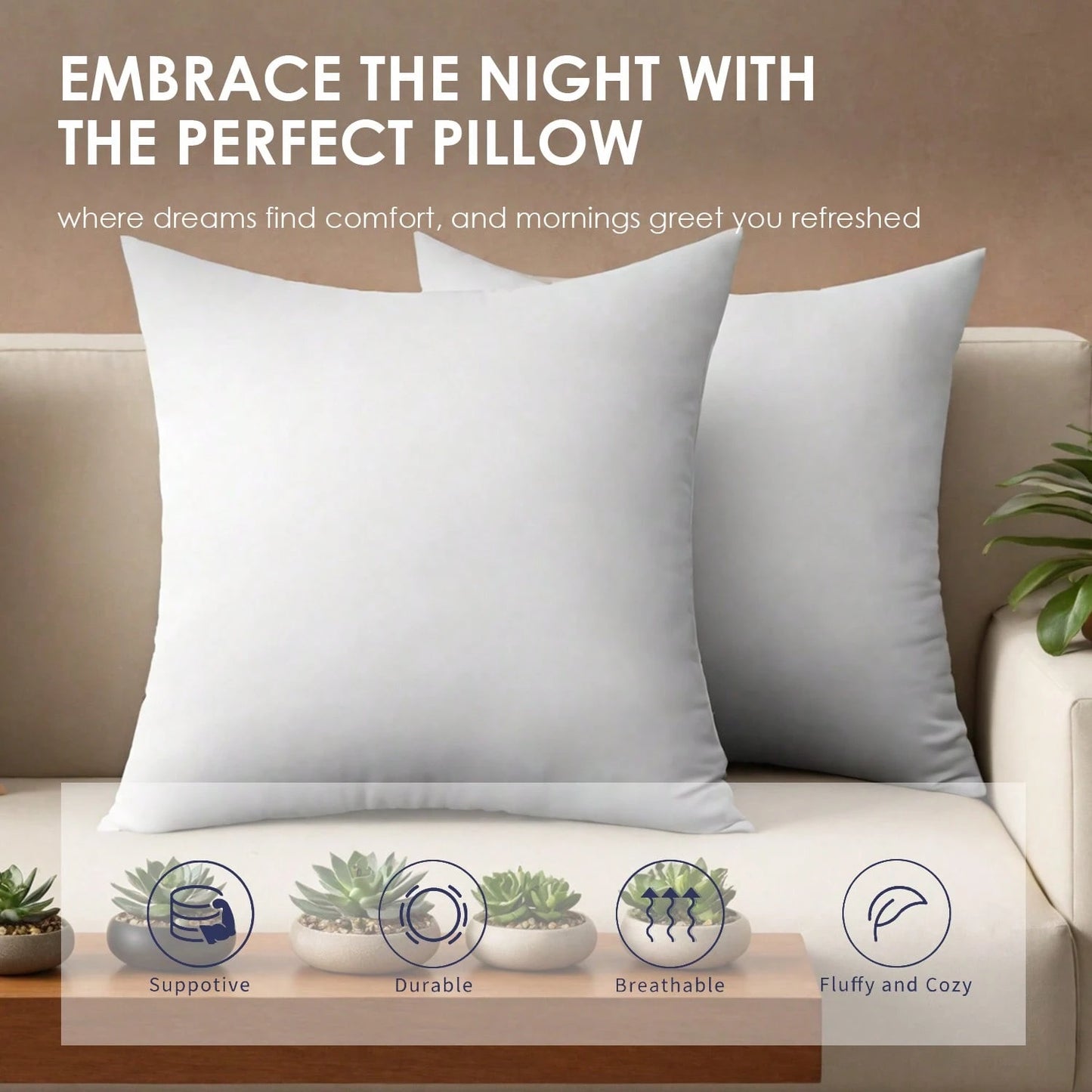 White Pillow Insert Available In Sizes 18 Inches, 20 Inches, 12*20 Inches, And 22 Inches. High Fill Density, Machine Washable, Tumble Dryable, And Reusable. Made With Ultra-Fine Fabric And Brushed Cot