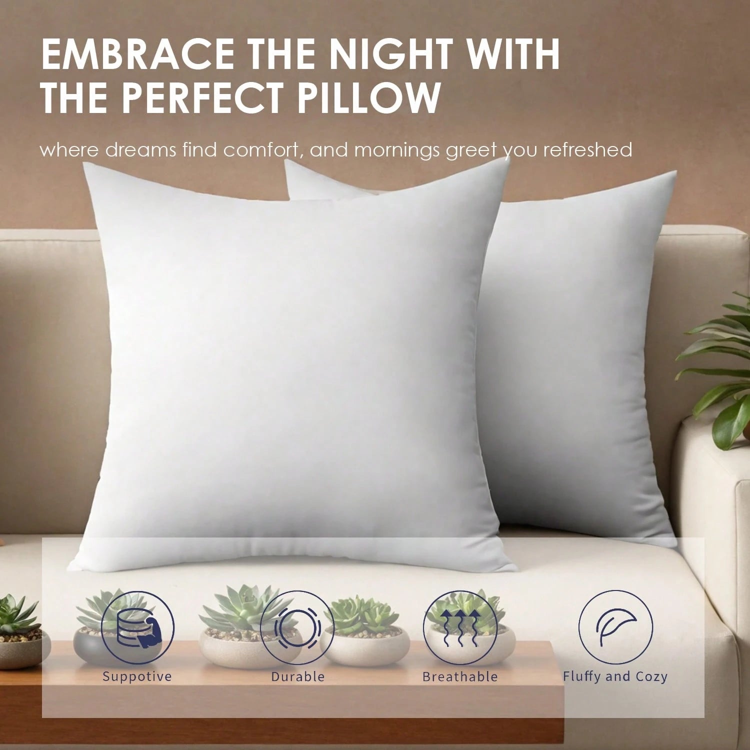 White Pillow Insert Available In Sizes 18 Inches, 20 Inches, 12*20 Inches, And 22 Inches. High Fill Density, Machine Washable, Tumble Dryable, And Reusable. Made With Ultra-Fine Fabric And Brushed Cot