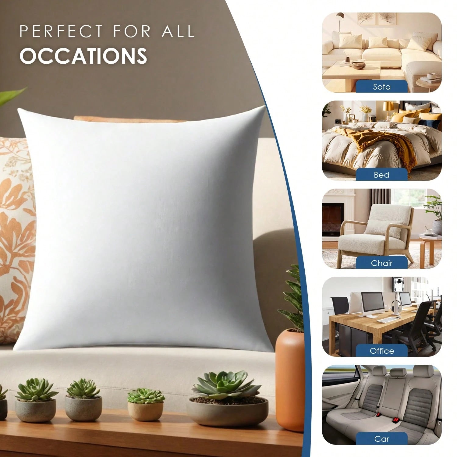 White Pillow Insert Available In Sizes 18 Inches, 20 Inches, 12*20 Inches, And 22 Inches. High Fill Density, Machine Washable, Tumble Dryable, And Reusable. Made With Ultra-Fine Fabric And Brushed Cot