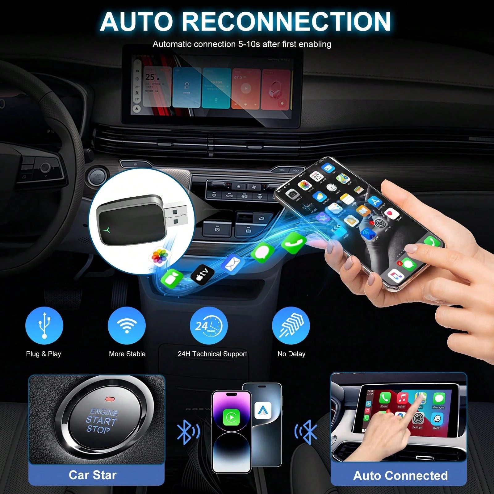 Wireless CarPlay Adapter- Wireless CarPlay Adapter For Vehicles From 2016 Onwards, Plug-And-Play Wireless Control For In-Car CarPlay