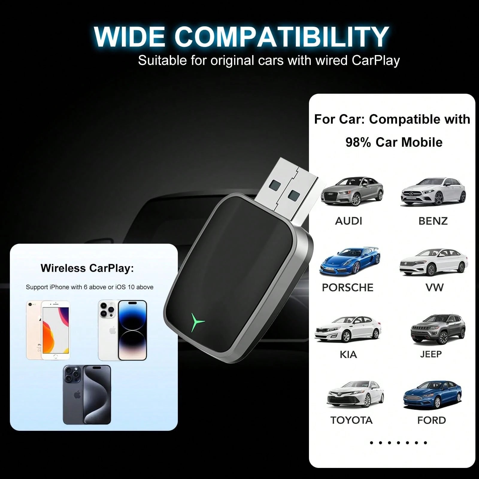 Wireless CarPlay Adapter- Wireless CarPlay Adapter For Vehicles From 2016 Onwards, Plug-And-Play Wireless Control For In-Car CarPlay