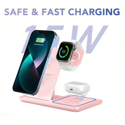 Wireless Charger 3-In-1 Magnetic Fast Wireless Charging Station| 15W Rapid Charging Dock For Smartphones/Smartwatches/Earbuds| Universal Compatibility With Latest Models| Space-Saving Vertical Desi
