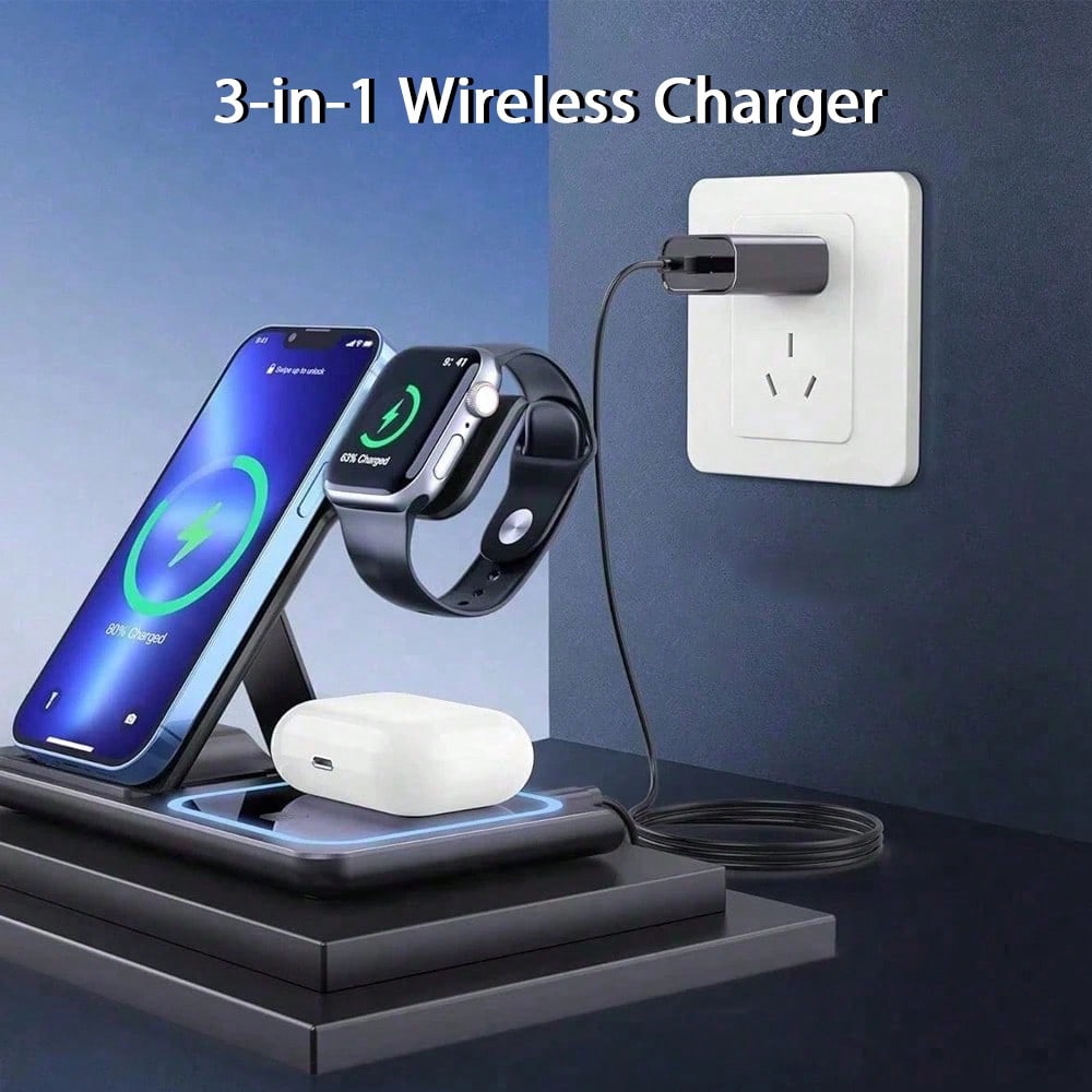 Wireless Charger 3-In-1 Magnetic Fast Wireless Charging Station| 15W Rapid Charging Dock For Smartphones/Smartwatches/Earbuds| Universal Compatibility With Latest Models| Space-Saving Vertical Desi