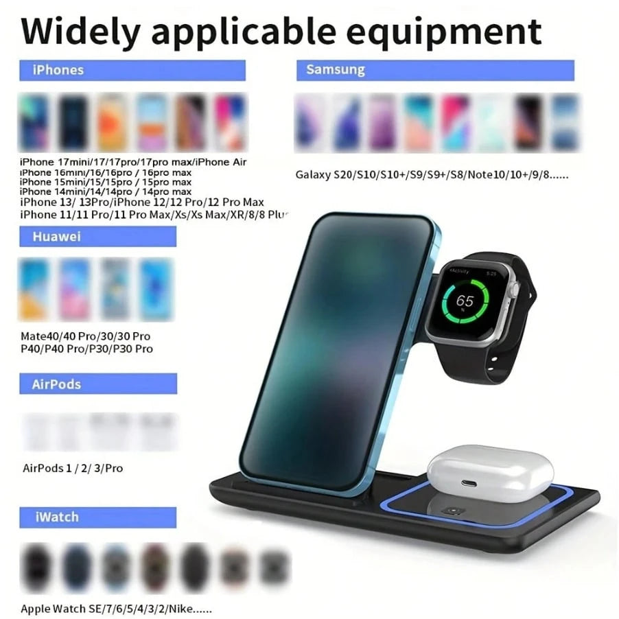 Wireless Charger 3-In-1 Magnetic Fast Wireless Charging Station| 15W Rapid Charging Dock For Smartphones/Smartwatches/Earbuds| Universal Compatibility With Latest Models| Space-Saving Vertical Desi