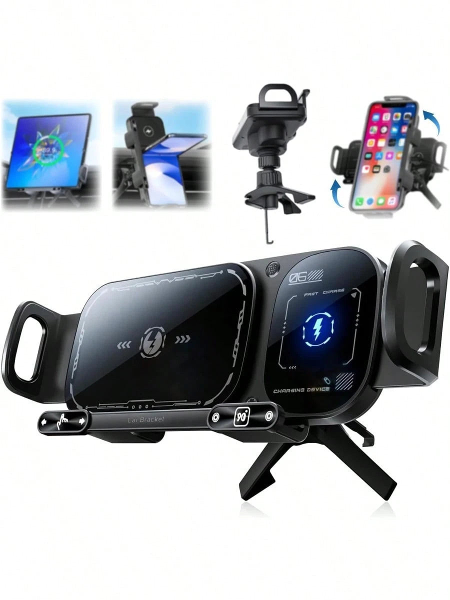 Wireless Charging Rotating Car Mount,High Intelligent 2 In 1 Auto Rotating Phone Holder,Car Charger Fast Charging, One-Click Auto-Rotating & Clamping For Smartphone/Pad/Foldable Phone