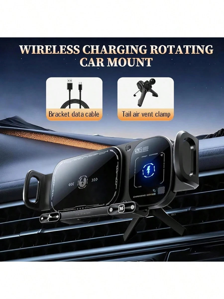 Wireless Charging Rotating Car Mount,High Intelligent 2 In 1 Auto Rotating Phone Holder,Car Charger Fast Charging, One-Click Auto-Rotating & Clamping For Smartphone/Pad/Foldable Phone