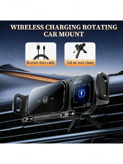 Wireless Charging Rotating Car Mount,High Intelligent 2 In 1 Auto Rotating Phone Holder,Car Charger Fast Charging, One-Click Auto-Rotating & Clamping For Smartphone/Pad/Foldable Phone