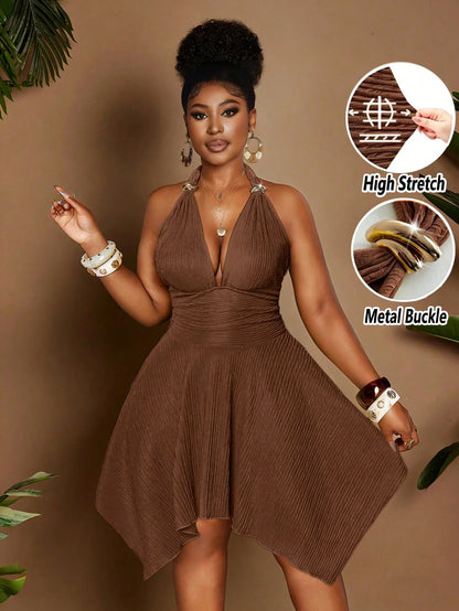 Women 70s Retro Coffee Brown Halter Neck Dress,Elegant Jacquard Knit High Stretch Backless Party Dress,Metal Decor,Asymmetric Hem,Summer Prom Outfit