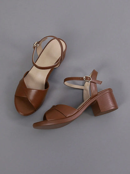 Women Chunky Heeled Ankle Strap White Sandals,Spring Summer Outfits