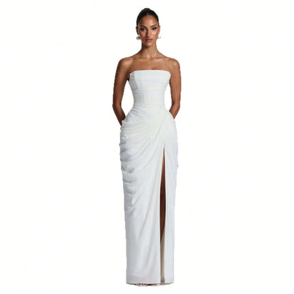 Women Elegant Solid Color Maxi Dress Mesh Spaghetti Strap Low Back Sexy Waist Slim Casual Party Long Dress