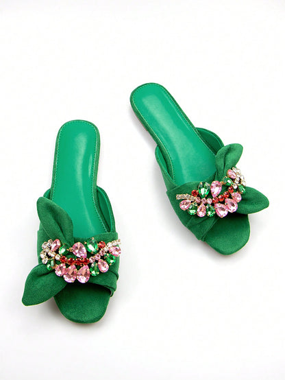 Women Rhinestone & Bow Decor Slide Sandals, Glamorous Sandals,Spring Summer Outfits