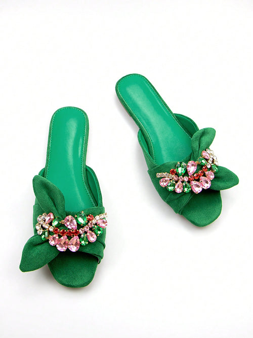 Women Rhinestone & Bow Decor Slide Sandals, Glamorous Sandals,Spring Summer Outfits