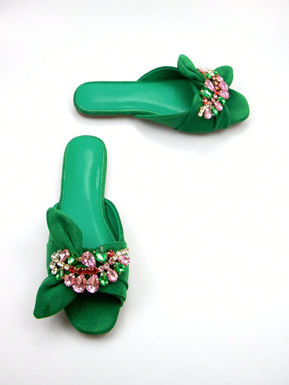 Women Rhinestone & Bow Decor Slide Sandals, Glamorous Sandals,Spring Summer Outfits