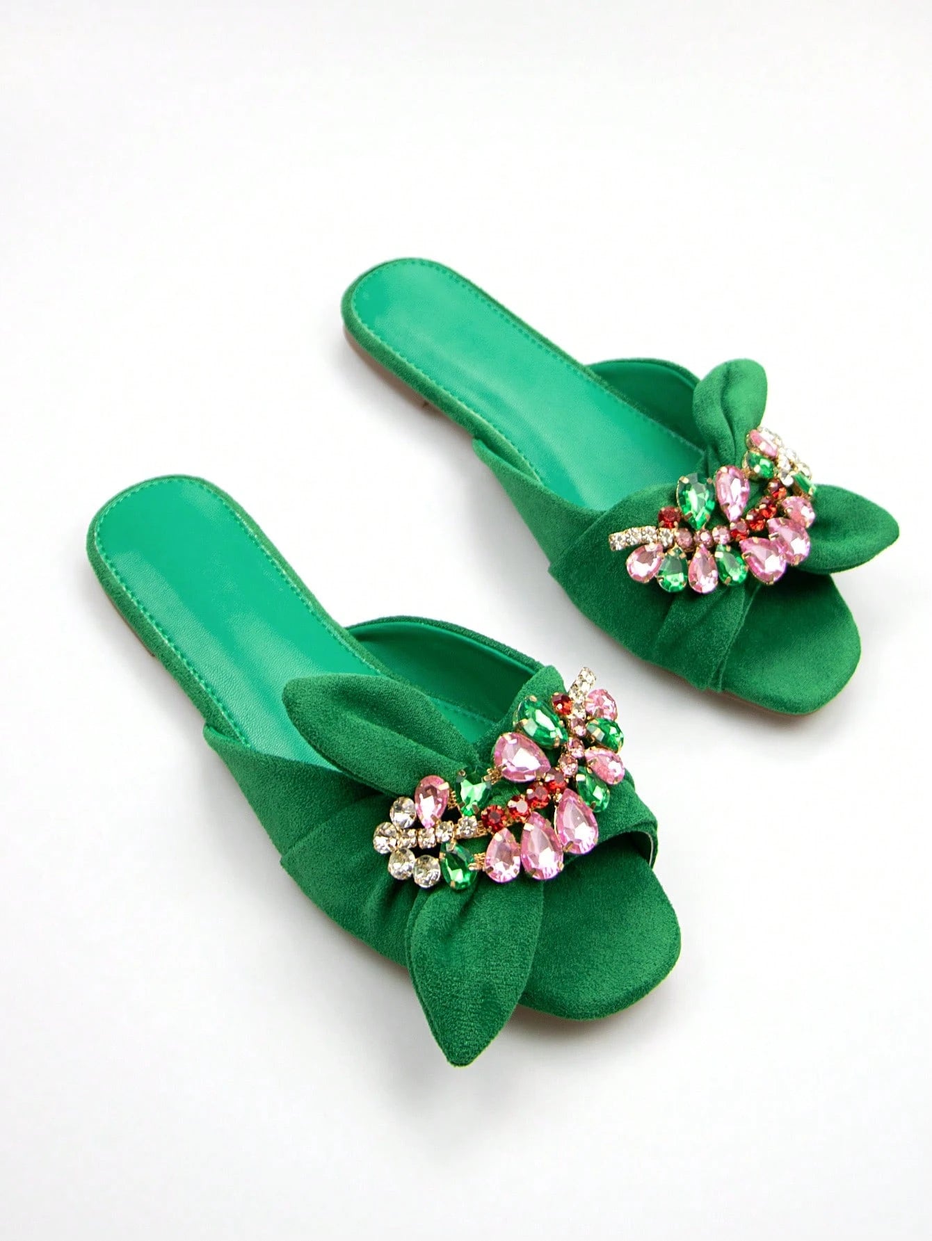 Women Rhinestone & Bow Decor Slide Sandals, Glamorous Sandals,Spring Summer Outfits