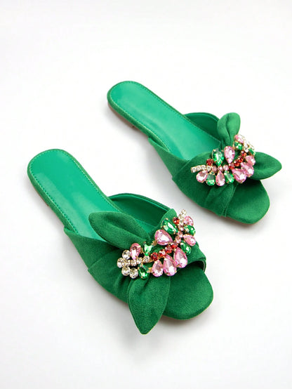 Women Rhinestone & Bow Decor Slide Sandals, Glamorous Sandals,Spring Summer Outfits