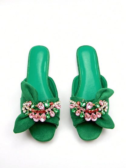 Women Rhinestone & Bow Decor Slide Sandals, Glamorous Sandals,Spring Summer Outfits