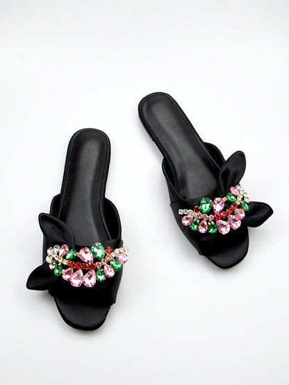 Women Rhinestone & Bow Decor Slide Sandals, Glamorous Sandals,Spring Summer Outfits