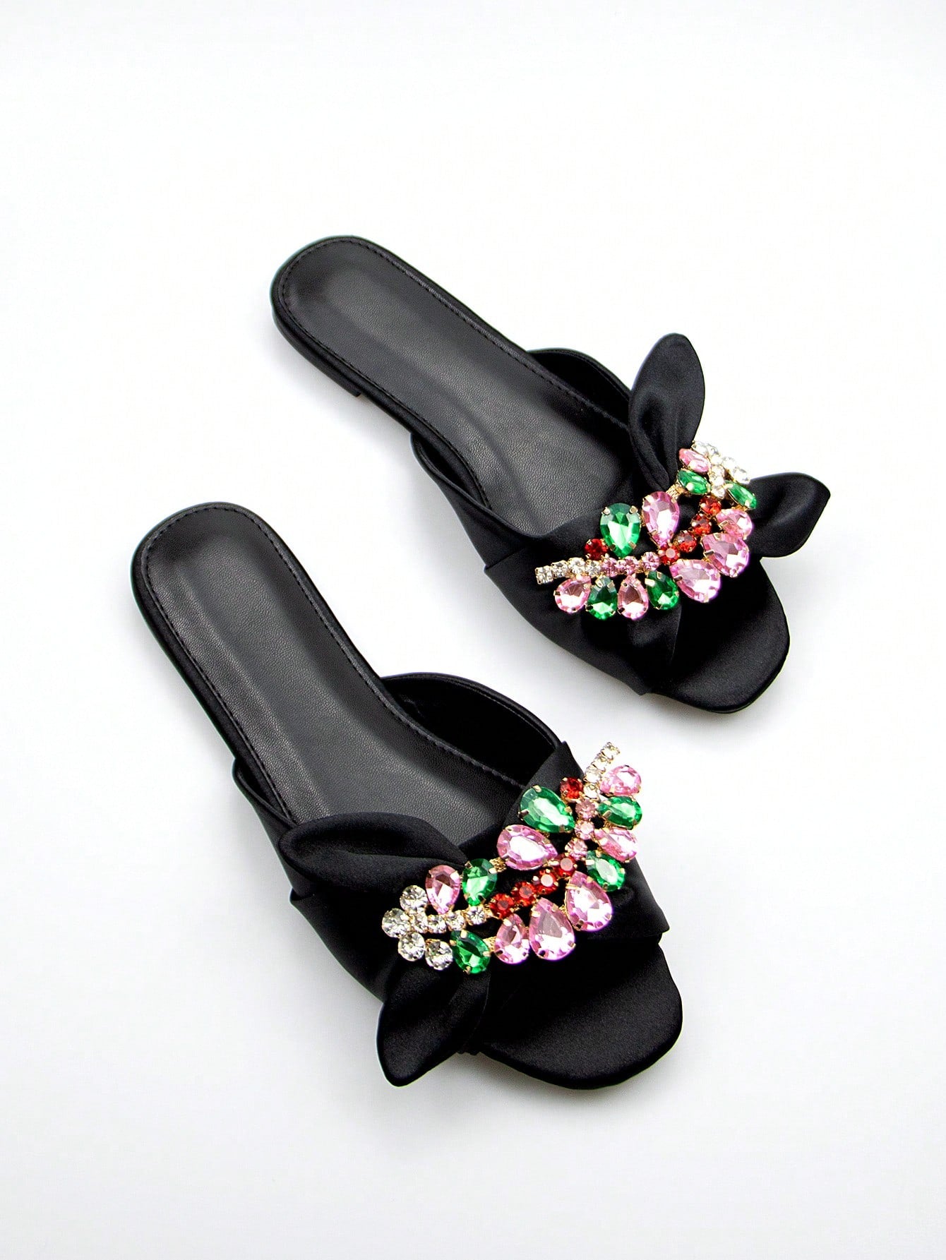 Women Rhinestone & Bow Decor Slide Sandals, Glamorous Sandals,Spring Summer Outfits