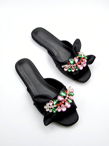 Women Rhinestone & Bow Decor Slide Sandals, Glamorous Sandals,Spring Summer Outfits