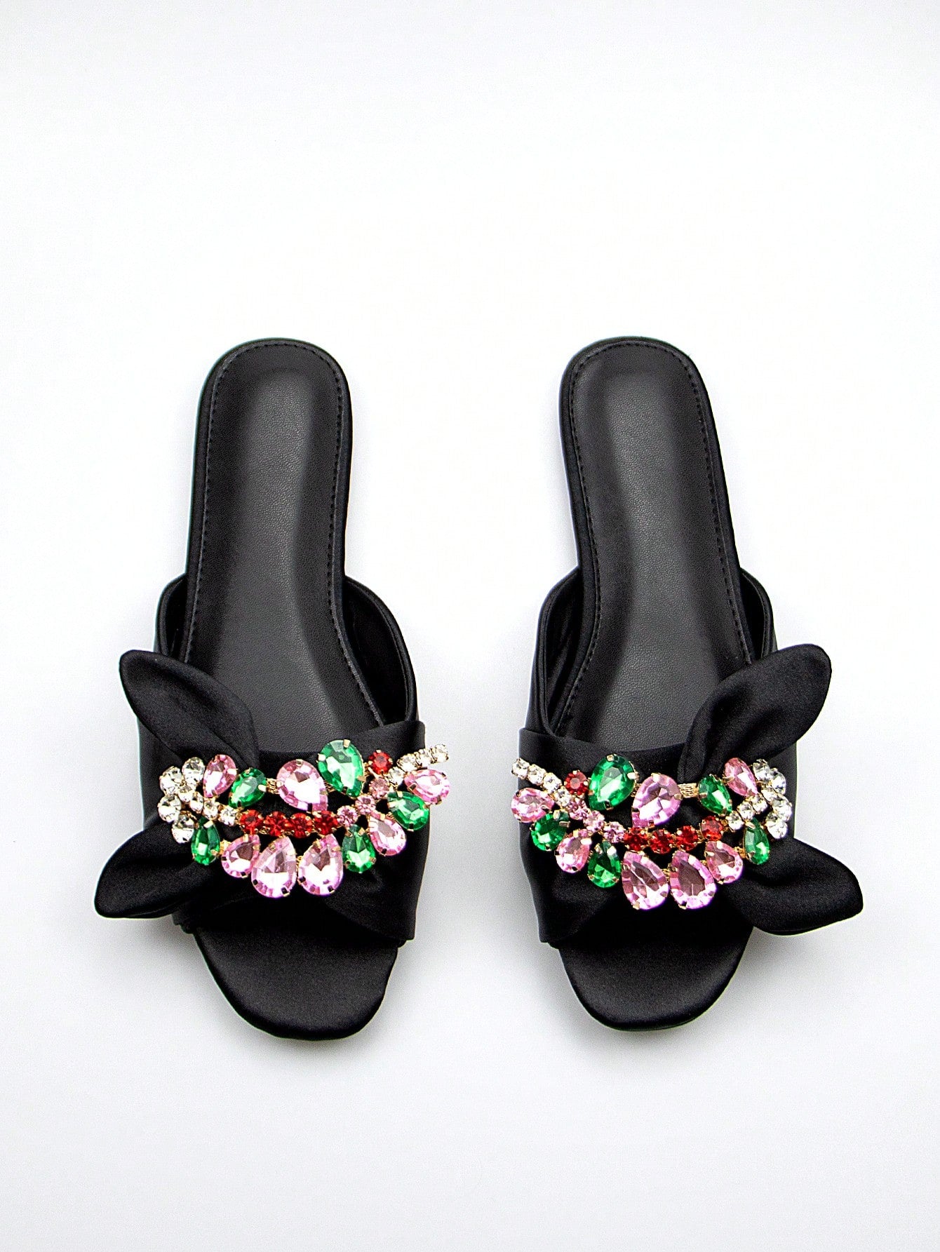 Women Rhinestone & Bow Decor Slide Sandals, Glamorous Sandals,Spring Summer Outfits