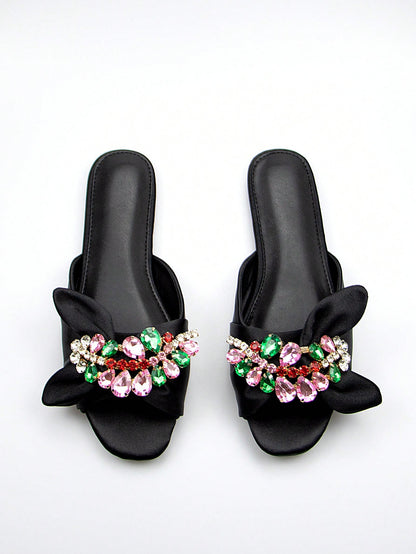 Women Rhinestone & Bow Decor Slide Sandals, Glamorous Sandals,Spring Summer Outfits