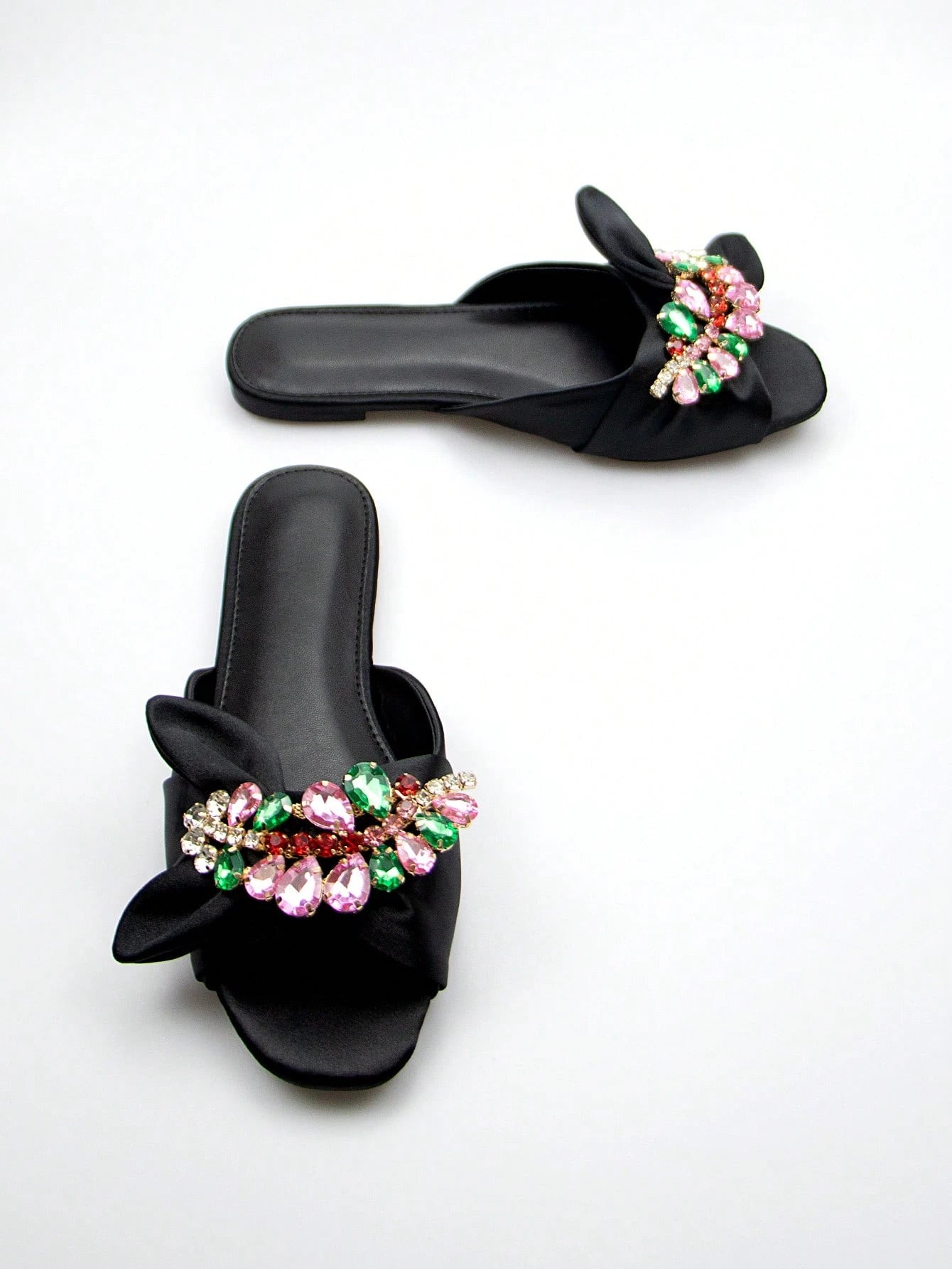 Women Rhinestone & Bow Decor Slide Sandals, Glamorous Sandals,Spring Summer Outfits