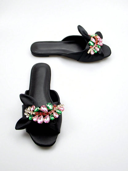 Women Rhinestone & Bow Decor Slide Sandals, Glamorous Sandals,Spring Summer Outfits