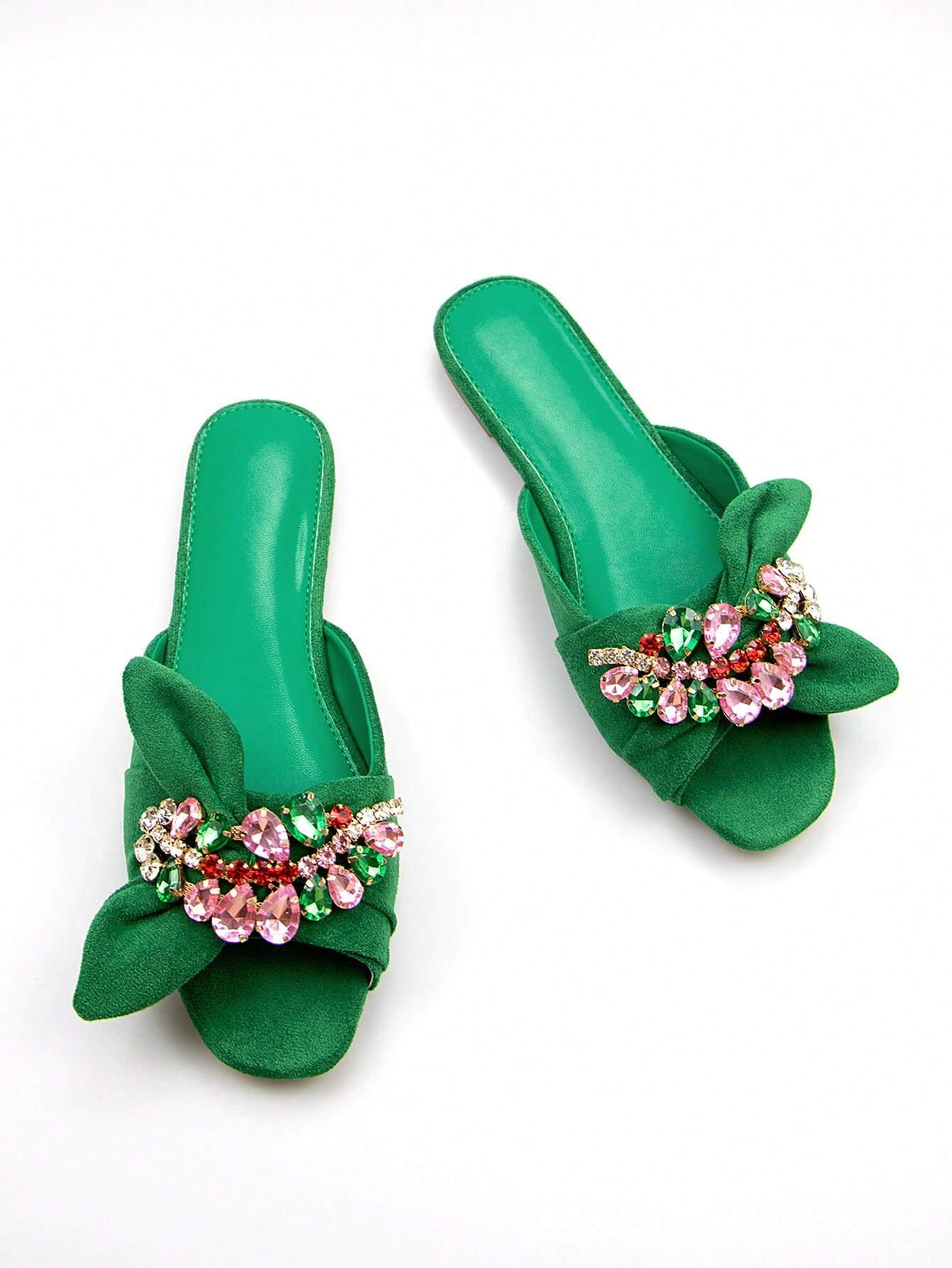 Women Rhinestone & Bow Decor Slide Sandals, Glamorous Sandals,Spring Summer Outfits