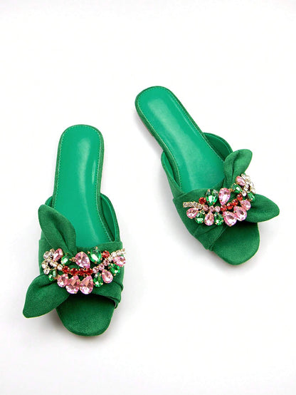 Women Rhinestone & Bow Decor Slide Sandals, Glamorous Sandals,Spring Summer Outfits