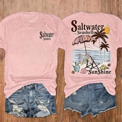 Women's 100 Percent Cotton Graphic Tee, Saltwater Seashells Sunshine Double Sided Print, Coastal Beach Vacation Wear,Tropical Island Holiday Outfit