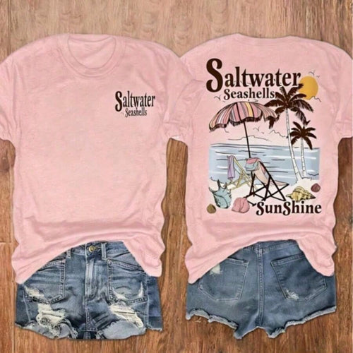 Women's 100 Percent Cotton Graphic Tee, Saltwater Seashells Sunshine Double Sided Print, Coastal Beach Vacation Wear,Tropical Island Holiday Outfit