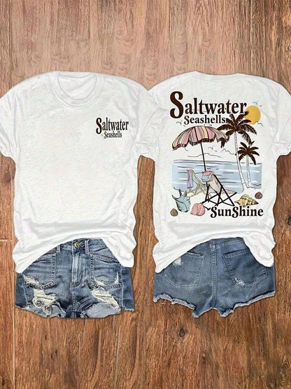 Women's 100 Percent Cotton Graphic Tee, Saltwater Seashells Sunshine Double Sided Print, Coastal Beach Vacation Wear,Tropical Island Holiday Outfit