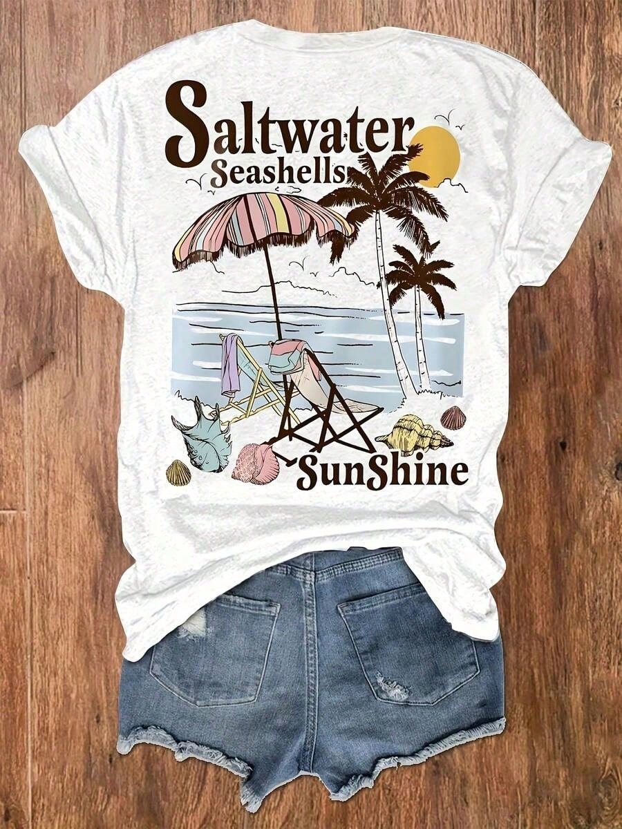 Women's 100 Percent Cotton Graphic Tee, Saltwater Seashells Sunshine Double Sided Print, Coastal Beach Vacation Wear,Tropical Island Holiday Outfit