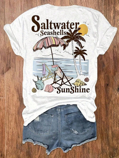 Women's 100 Percent Cotton Graphic Tee, Saltwater Seashells Sunshine Double Sided Print, Coastal Beach Vacation Wear,Tropical Island Holiday Outfit