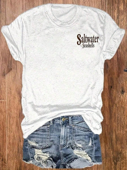 Women's 100 Percent Cotton Graphic Tee, Saltwater Seashells Sunshine Double Sided Print, Coastal Beach Vacation Wear,Tropical Island Holiday Outfit