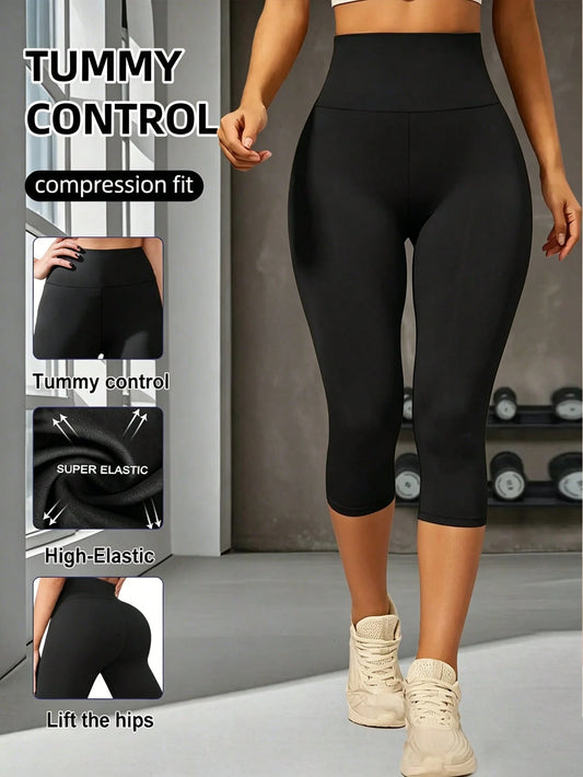 Women's Basic 3/4 Leggings, Women's Elastic Slim Cycling Pants, Yoga Sports Tight Pants To Shape Your Body, Lightweight Skinny Full Length Pants Black