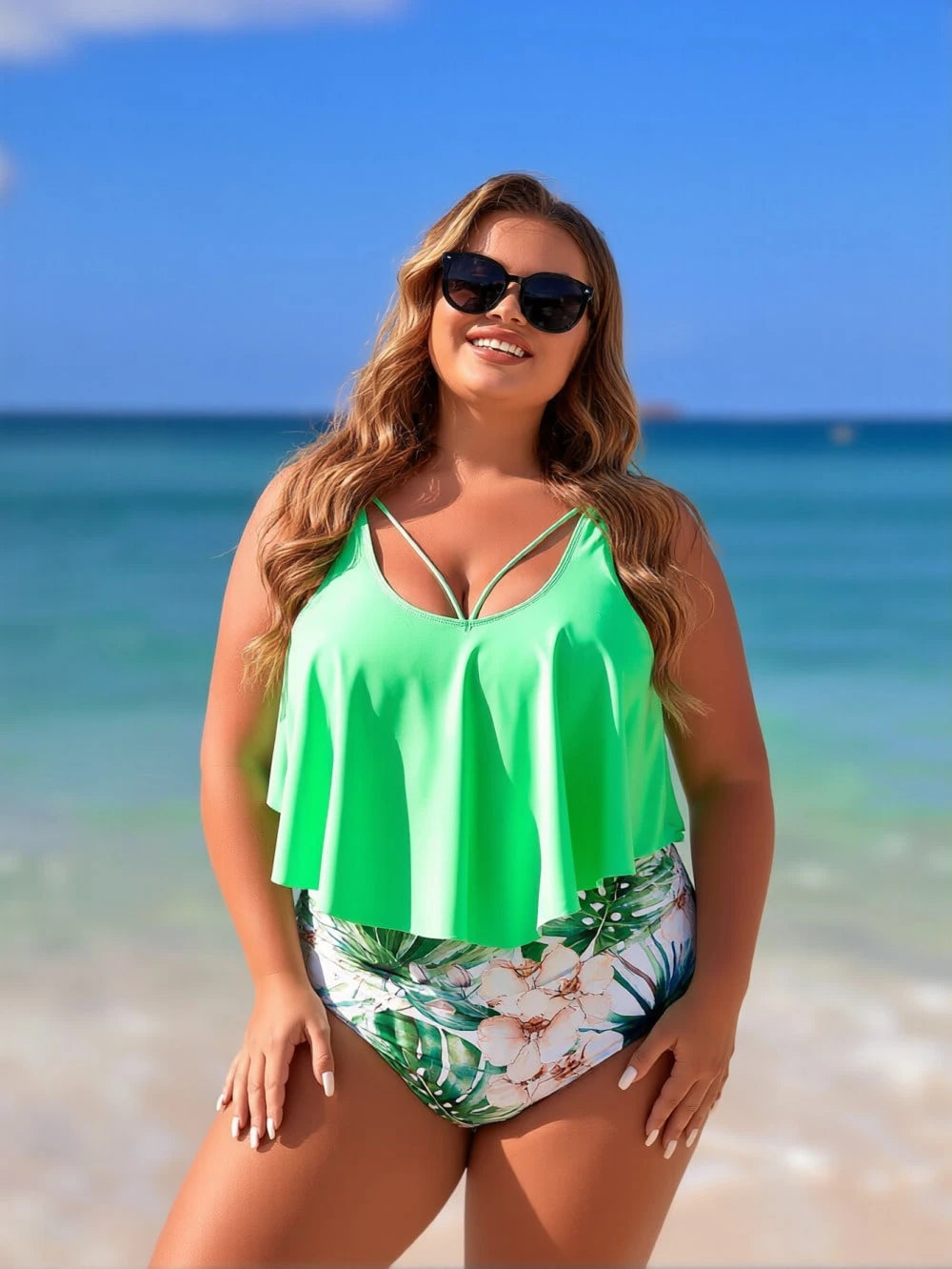 Women's Boho Plus Size High Waist Bikini Set With Tropical Floral Bottom And Spaghetti Strap Ruffle Top, Perfect For Beach