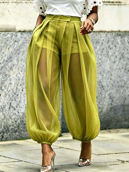 Women's Chic Green Woven Fabric Long Jogger Pants With Sheer Overlayer, Casual Fashion Bottoms