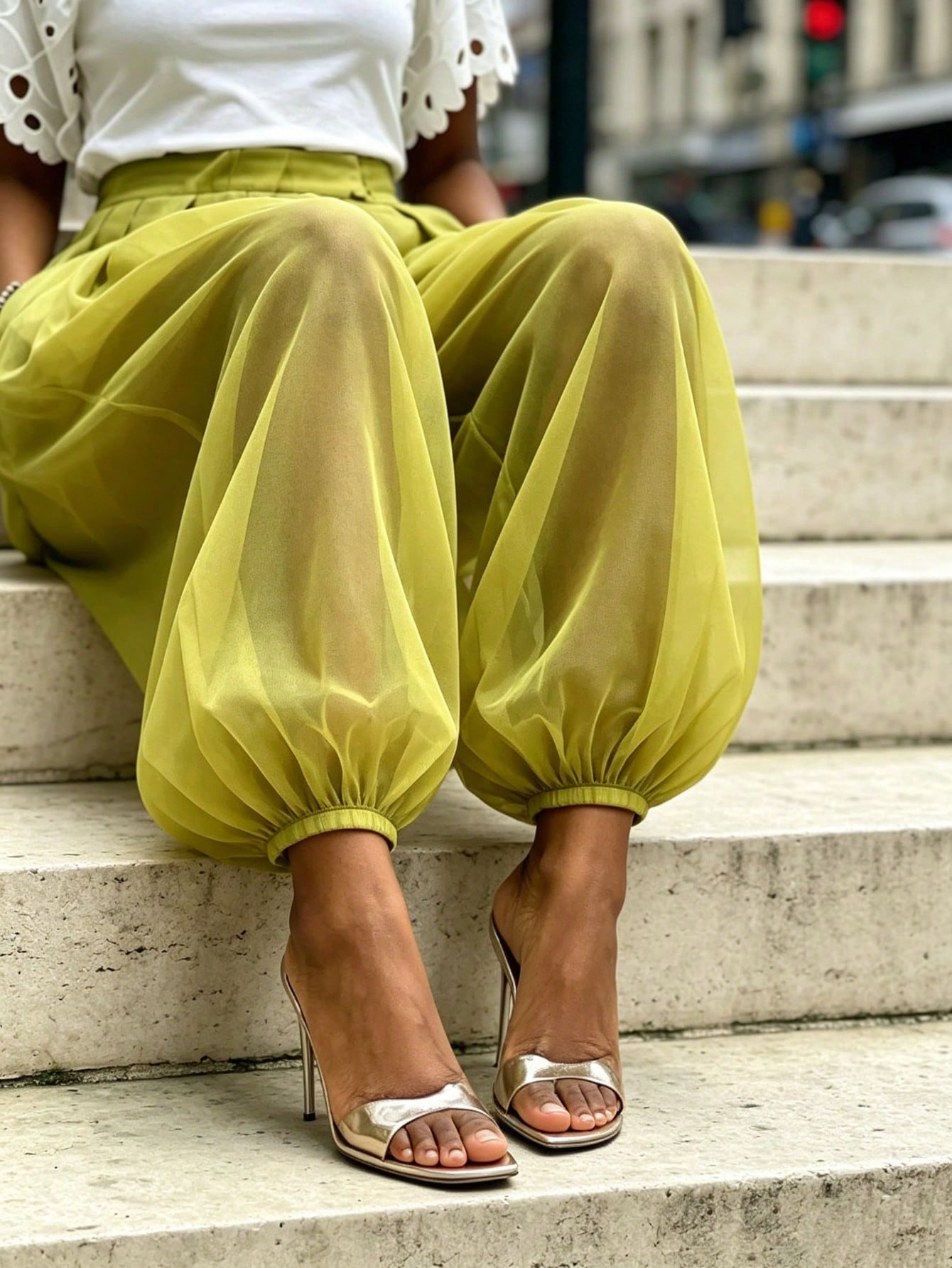 Women's Chic Green Woven Fabric Long Jogger Pants With Sheer Overlayer, Casual Fashion Bottoms
