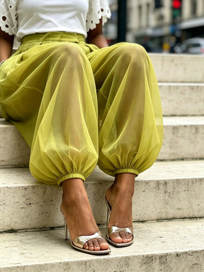 Women's Chic Green Woven Fabric Long Jogger Pants With Sheer Overlayer, Casual Fashion Bottoms