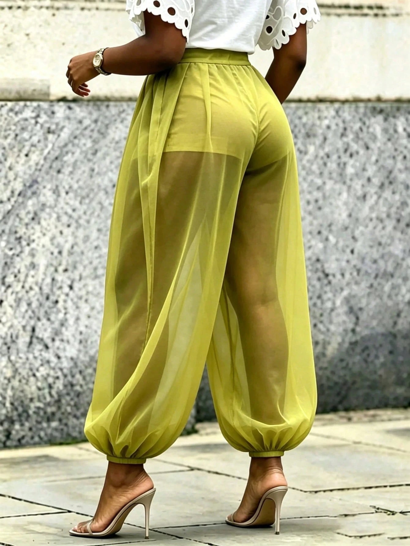 Women's Chic Green Woven Fabric Long Jogger Pants With Sheer Overlayer, Casual Fashion Bottoms