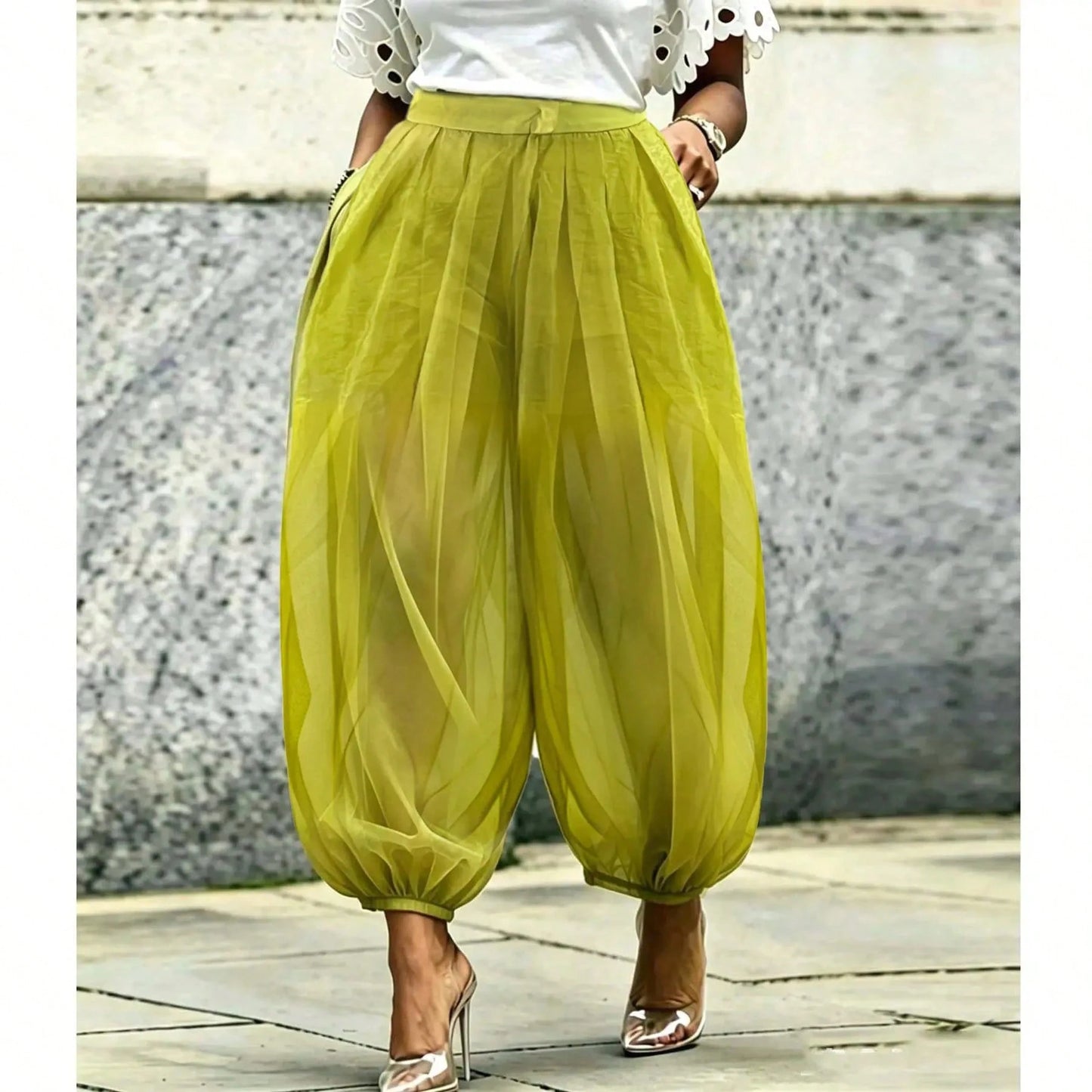Women's Chic Green Woven Fabric Long Jogger Pants With Sheer Overlayer, Casual Fashion Bottoms