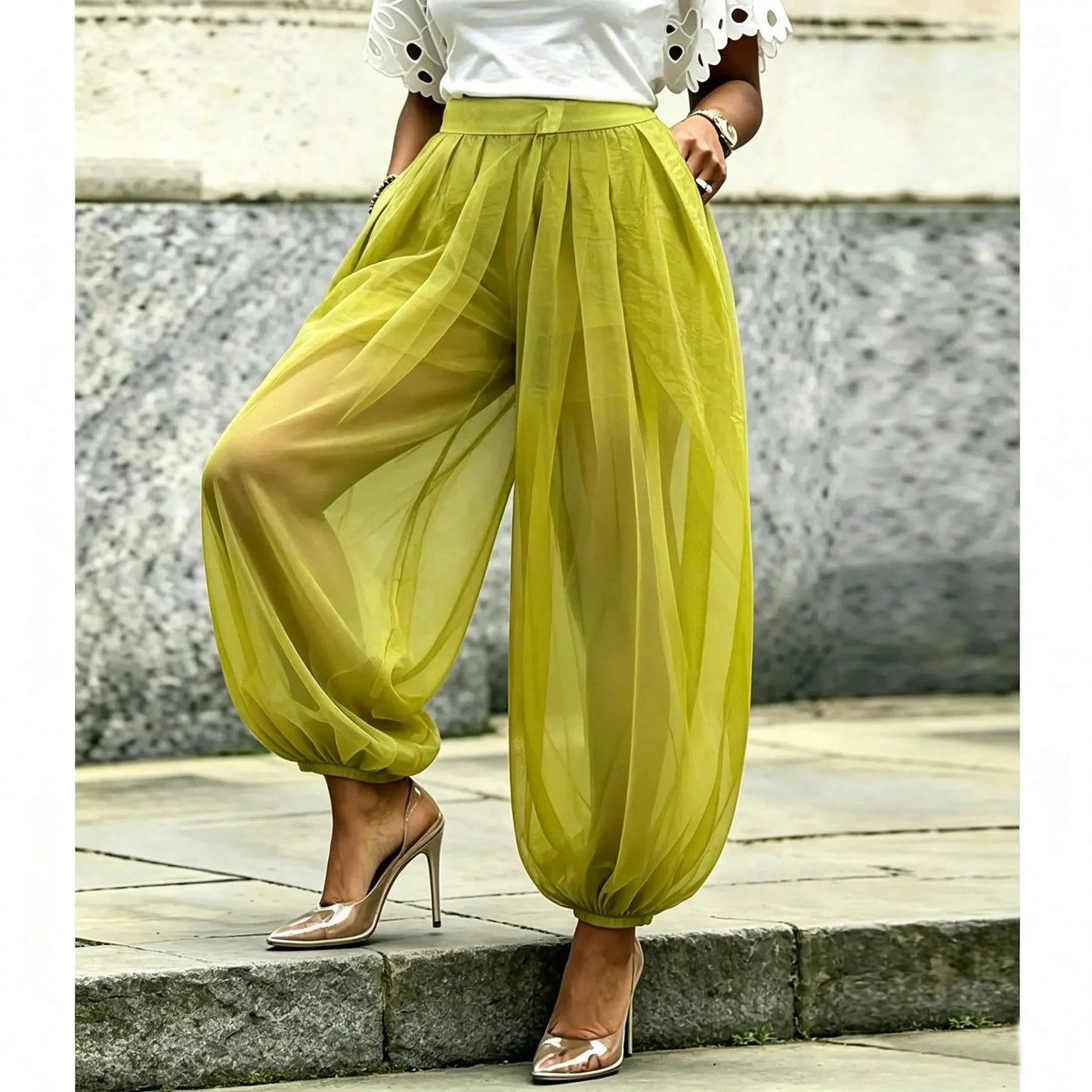 Women's Chic Green Woven Fabric Long Jogger Pants With Sheer Overlayer, Casual Fashion Bottoms